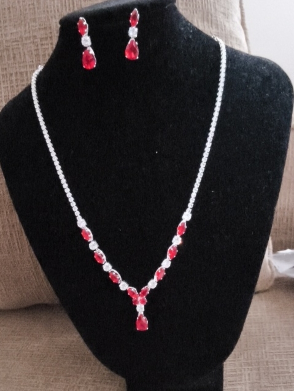 Red & Silver Necklace and Earring Set Like New